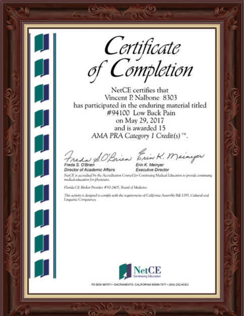CME Certificate, Low Back Pain, 2017, 5-29